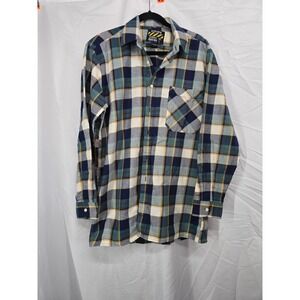 Big Rock Canyon Mens Flannel Shirt Large Blue Green Yellow Plaid Cotton Long Slv